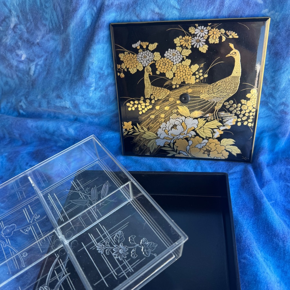 Vintage Otagiri Jewelry Box Black Gold Peacock Floral Japanese Lacquer Square